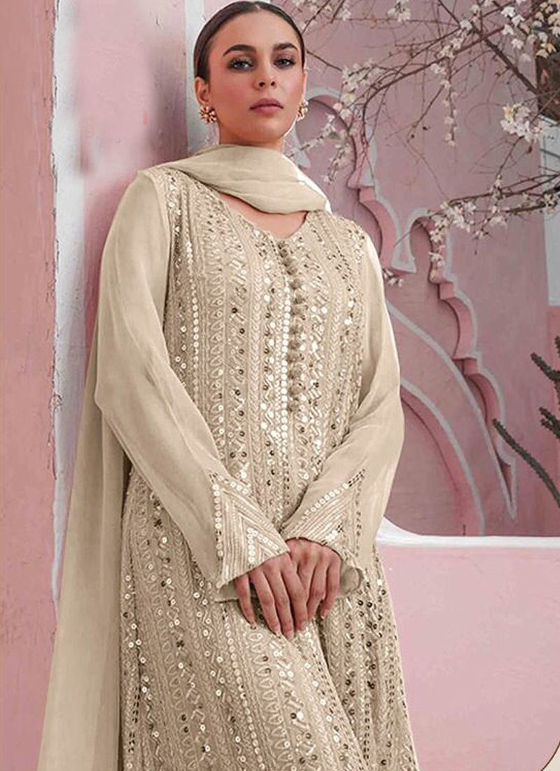 Fancy Heavy Embroidered Pearl White Salwar Kameez – Heritage India Fashions